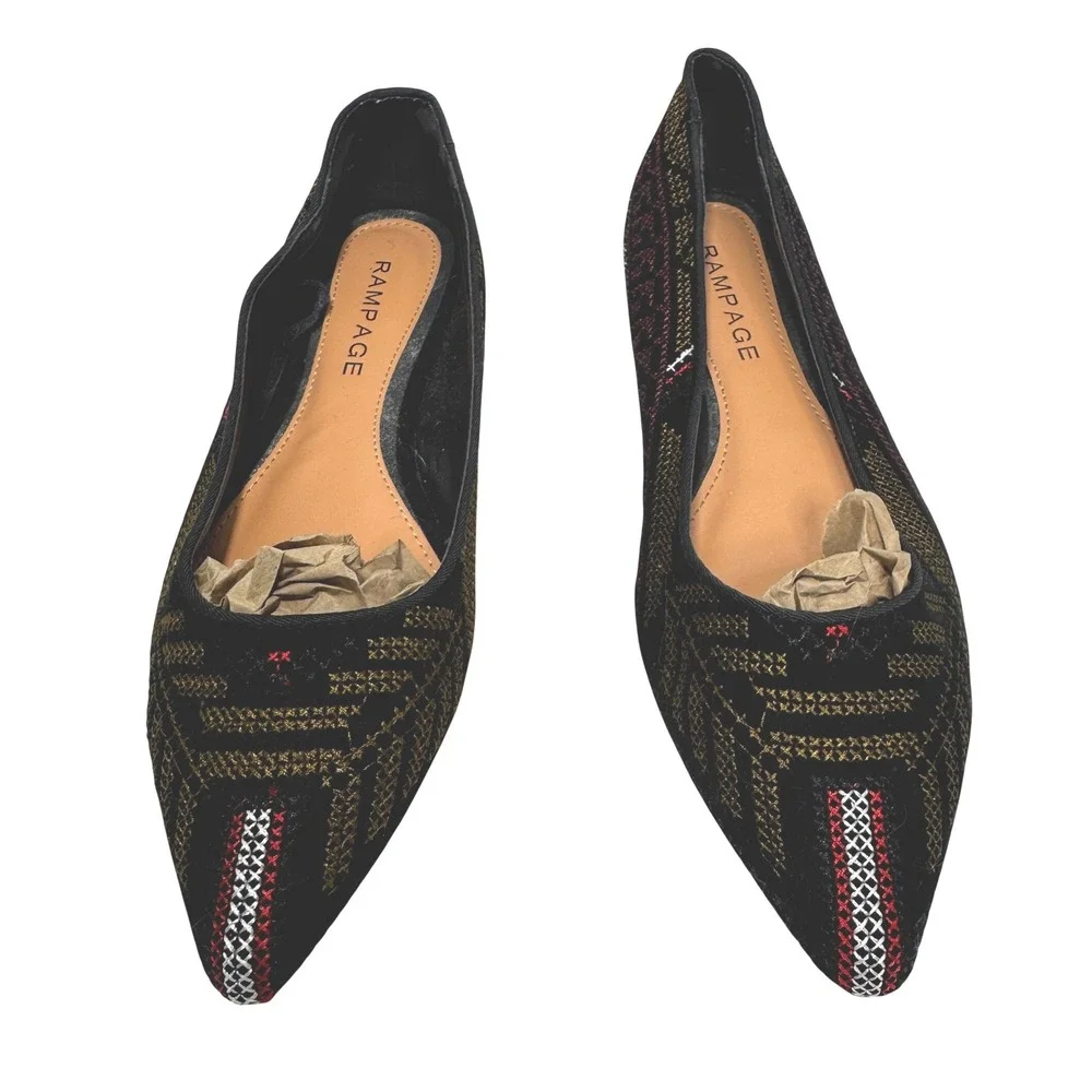 Rampage Womens Pointed Toe Flats‎ Woven Geometric Tapestry Black Gold Red Multi